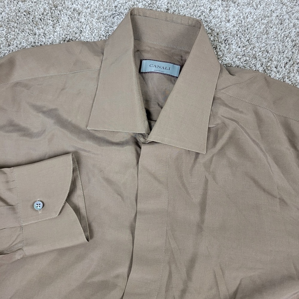 Canali Mens 17-43 Solid Brown Button Up Long Sleeve 100% Silk Made In Italy